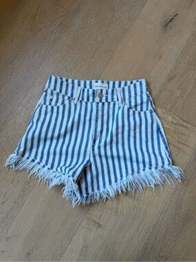 Avec Les Filles Blue and White Vertical Stripe Frayed Hem Shorts